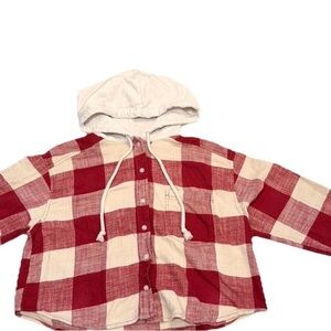 American Eagle Hooded Red Cream Plaid Flannel Button-Up Shirt Women’s Medium